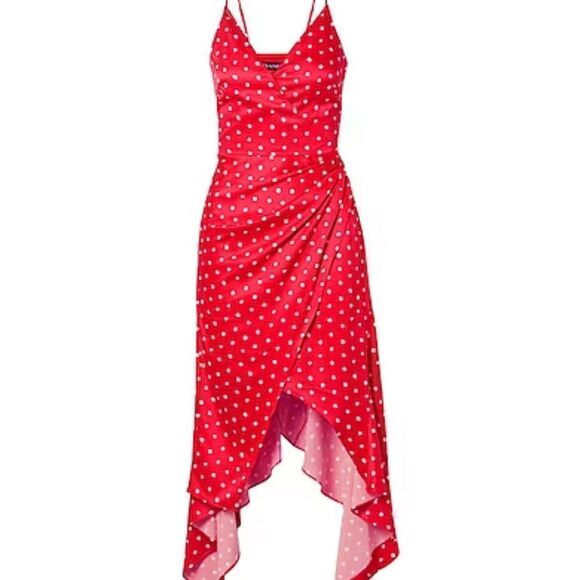 Haney Olivia Red Stretch Satin Polka Dot Handkerchief Hem Midi Dress 4 $890 - Picture 5 of 13